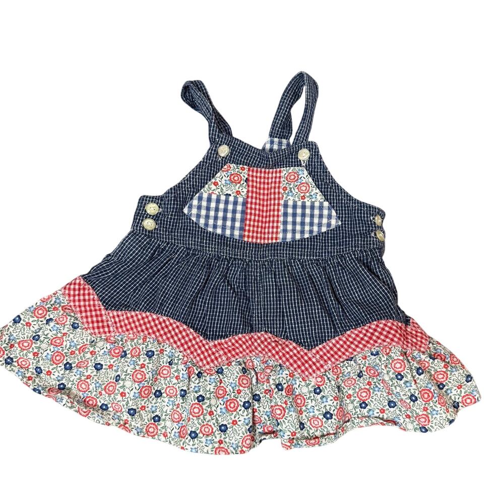 Vintage Denim Floral Gingham Overalls Dress Baby Girl 6-9 Months Shabby Chic